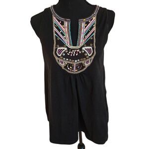 RXB Womens Embroidered Beaded Front 100% Cotton Sleeveless Top Black Medium